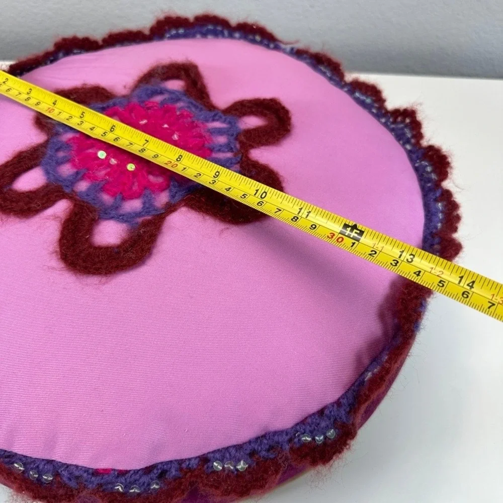 2007 Y2K Seventeen Magazine Pink Round Pillow Crochet Flower Sequin Corduroy